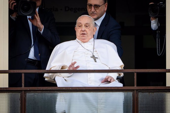 March 23, 2025, Rome, Italy: Pope Francis appears at the Agostino Gemelli Polyclinic window in Rome where he was hospitalized since February 14.,Image: 978608347, License: Rights-managed, Restrictions: , Model Release: no, Credit line: Stefano Costantino 