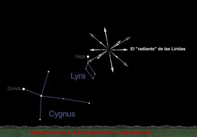 Mapa celeste para la observación de las Líridas la madrugada del 22 de Abril de 2025