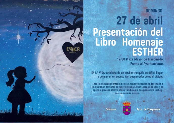 Cartel sobre la presentación del libro en honor a Esther López, impulsado por la familia.