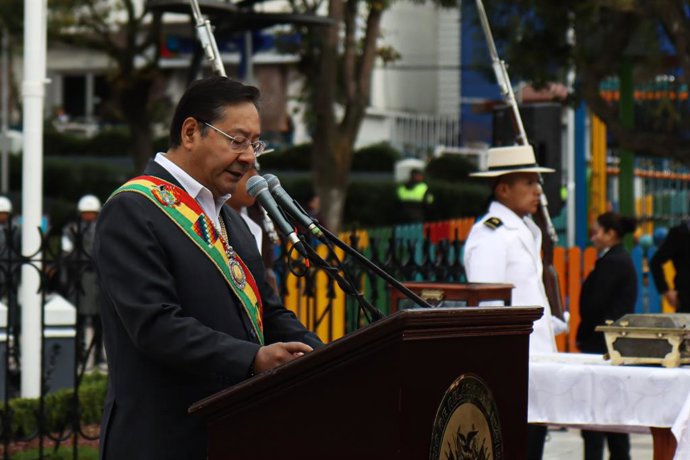 23 de março de 2025, La Paz, La Paz, Bolívia: Luis Arce, presidente da Bolívia, durante a comemoração do Dia do Mar em homenagem a Eduardo Avaroa, que morreu na Guerra do Pacífico, quando a Bolívia perdeu o acesso ao Oceano Pacífico.
