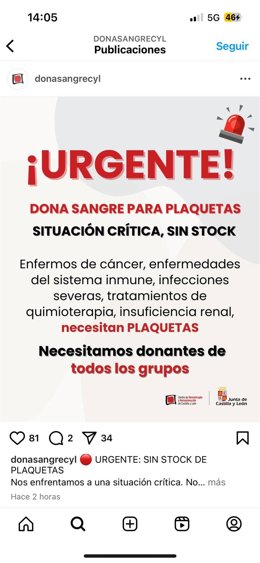 Llamamiento a la donación de sangre ante la falta de plaquetas.