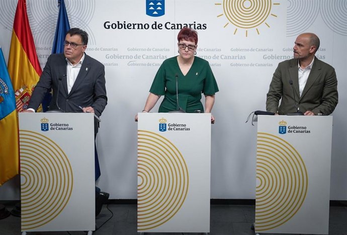 El consejero de Política Territorial del Gobierno de Canarias, Manuel Miranda, la consejera de Bienestar Social, Candelaria Delgado, y el portavoz, Alfonso Cabello, en una rueda de prensa para dar cuenta de los acuerdos del Consejo de Gobierno