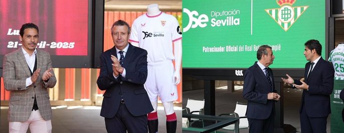 El presidente de la Diputación en sendos actos de firma de patrocinio con las entidades del Real Betis y el Sevilla FC.