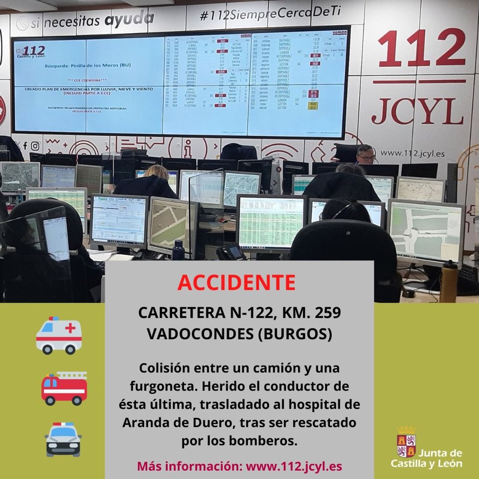 Gráfico elaborado por al 112 con datos sobre el choque entre un camión y una furgoneta en la N-122 en Vadocondes (Burgos)
