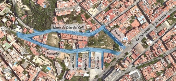 Mapa de las obras de urbanización de calles y servicios en Vallcarca, Barcelona