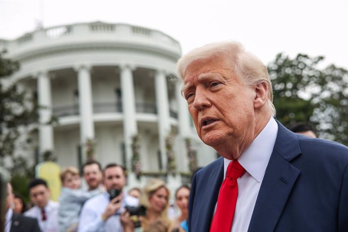 April 21, 2025, Washington, District Of Columbia, USA: United States President Donald Trump speaks to reporters during the 2025 Easter Egg Roll on the South Lawn of the White House on April 21, 2025 in Washington, D.C