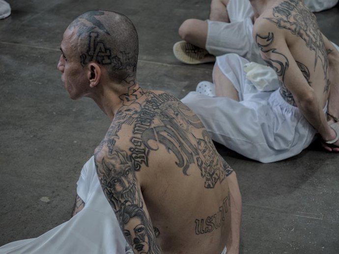 Archivo - Arquivo - 10 de dezembro de 2024, North Hollywood, Califórnia, EUA: América Central - El Salvador, Toluca: Um membro da gangue Mara Salvatrucha MS13 dentro da Mega-Prisão CECOT em Toluca, El Salvador. O Centro de Confinamento de Terrorismo (CECO