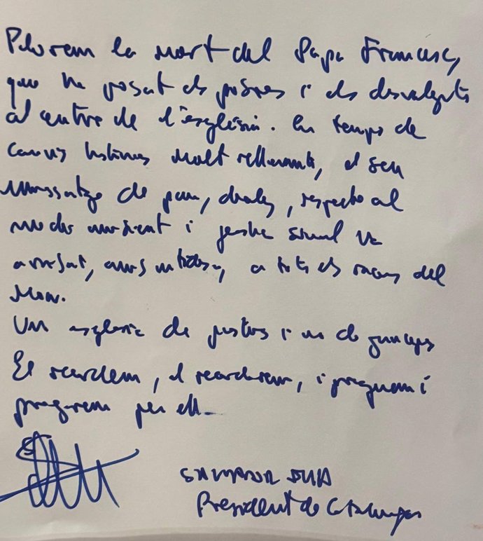 Mensaje del presidente de la Generalitat, Salvador Illa, por la muerte del Papa Francisco