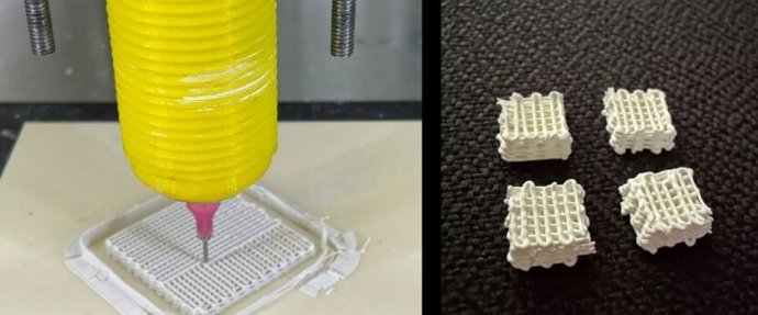 Equipo de modeo robotizado imprimiendo y varias estructuras 3D