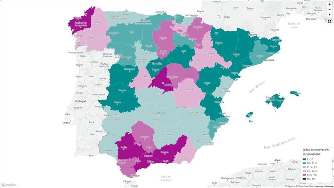 Mapa sobre la proporción de calles con nombre de mujer en España.
