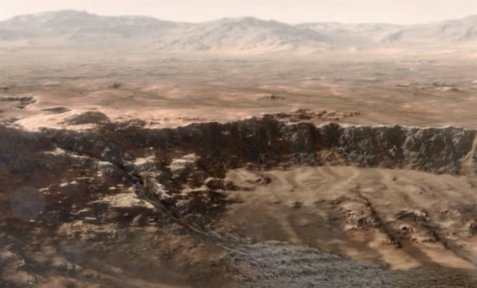 Representación artística del agua corriendo hacia el cráter Jezero de Marte, que hace miles de millones de años fue el sitio de un delta