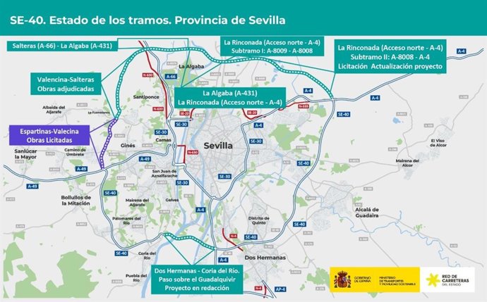 Plano con el nuevo tramo de la autovía SE-40 entre Espartinas y Valencina objeto de licitación.