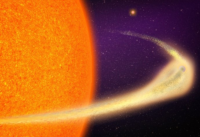 Um planeta em desintegração orbita uma estrela gigante. "A extensão da cauda é gigantesca, chegando a 9 milhões de quilômetros", diz Marc Hon, pesquisador de pós-doutorado do Instituto Kavli de Astrofísica e Pesquisa Espacial do MIT.