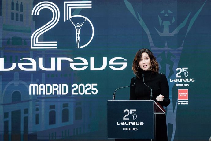 Archivo - La presidenta de la Comunidad de Madrid, Isabel Díaz Ayuso, interviene durante el acto en el que se dan a conocer a los nominados a los Premios Laureus del Deporte Mundial 2025