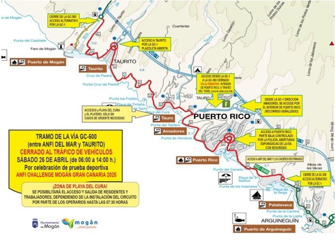Mapa de restricciones de tráfico por el Challenge Mogán Gran Canaria 2025
