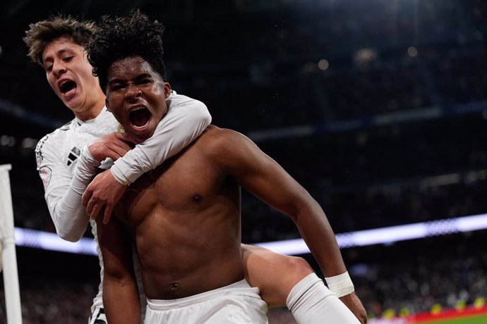 Archivo - Endrick Moreira of Real Madrid celebrates a goal during the Spanish Cup, Copa del Rey, round of 16 football match played between Real Madrid and RC Celta de Vigo at Santiago Bernabeu stadium on January 16, 2025, in Madrid, Spain.