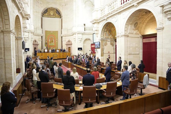 Minuto de silencio en el Pleno del Parlamento andaluz por la muerte del papa Francisco.