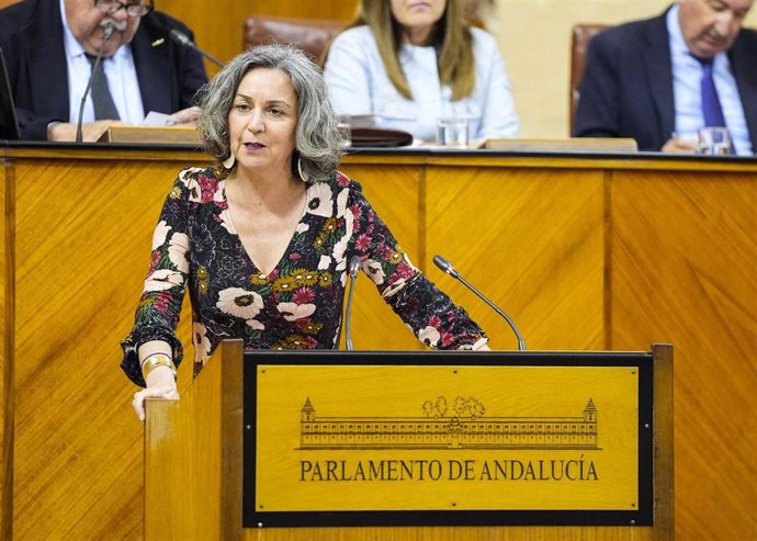 La diputada del Grupo Mixto-Adelante Andalucía Begoña Iza, interviene en el Pleno del Parlamento andaluz.