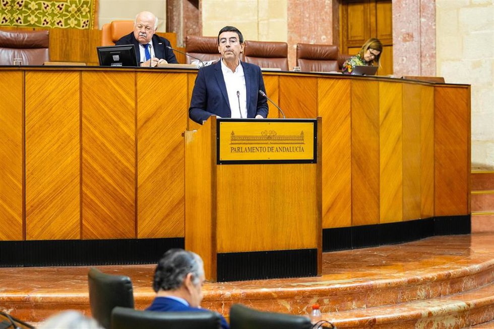 El diputado del PSOE-A Mario Jiménez dirige una interpelación al consejero de la Presidencia, Antonio Sanz, en el Pleno del Parlamento andaluz.