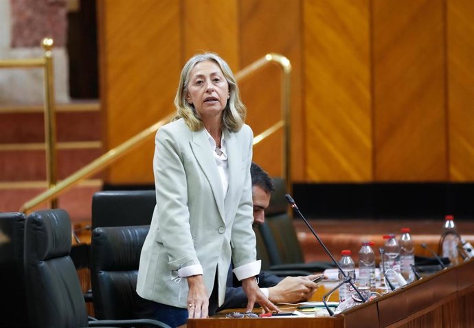 La consejera de Salud y Consumo de la Junta de Andalucía, Rocío Hernández, en la sesión plenaria del 24 de abril de 2025.