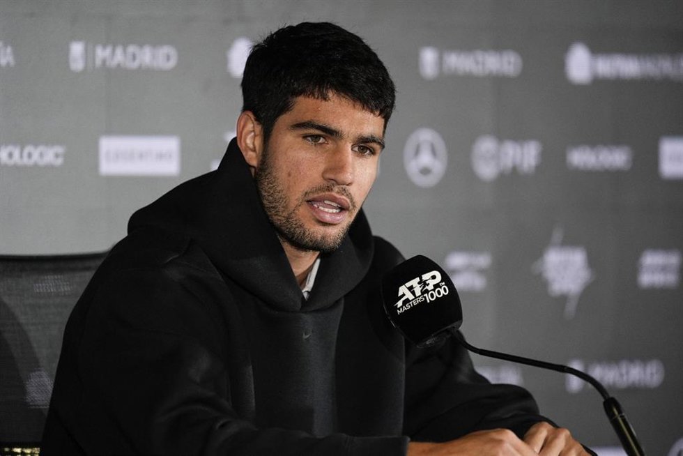 El tenista español Carlos Alcaraz en rueda de prensa en el Mutua Madrid Open 2025