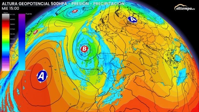 Una dana acercándose a España, con tormentas y chubascos generalizados.