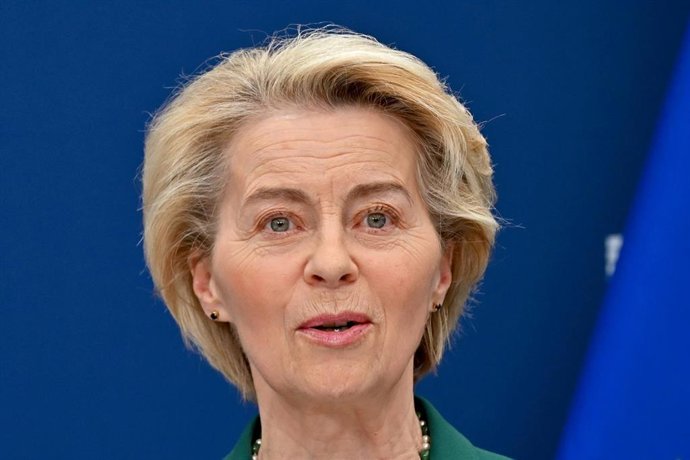 07 April 2025, Belgium, Brussels: The President of the European Commission, Ursula von der Leyen, speaks during a press conference with Norwegian Prime Minister, Jonas Gahr Store (not pictured), at the European Commission headquarters in Brussels. Photo: 