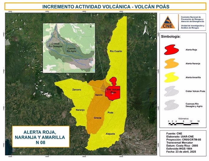 Mapa de alertas por actividad volcánica de la Comisión Nacional de Prevención de Riesgos y Atención de Emergencias (CNE) de Costa Rica el 24 de abril de 2025.