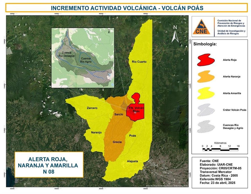 Mapa de alertas por actividad volcánica de la Comisión Nacional de Prevención de Riesgos y Atención de Emergencias (CNE) de Costa Rica el 24 de abril de 2025.