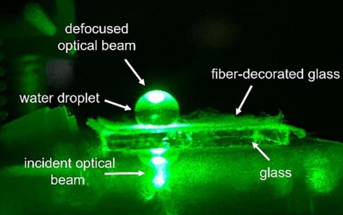 Un portaobjetos de vidrio recubierto con un sustrato hecho de fibras de PVC electrohiladas crea una superficie hidrófoba donde las gotas de agua pueden formar cúpulas esféricas con propiedades ópticas útiles.