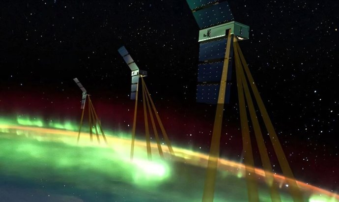 Este concepto artístico muestra los tres CubeSats de la misión EZIE de la NASA volando en formación para estudiar las corrientes eléctricas en la atmósfera terrestre asociadas con las auroras.