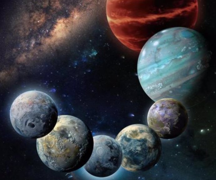 Este concepto artístico ilustra los resultados de un nuevo estudio que midió las masas de muchos planetas en relación con las estrellas que los albergan, lo que conduce a nueva información sobre los planetas en la dirección del bulbo de la Vía Láctea