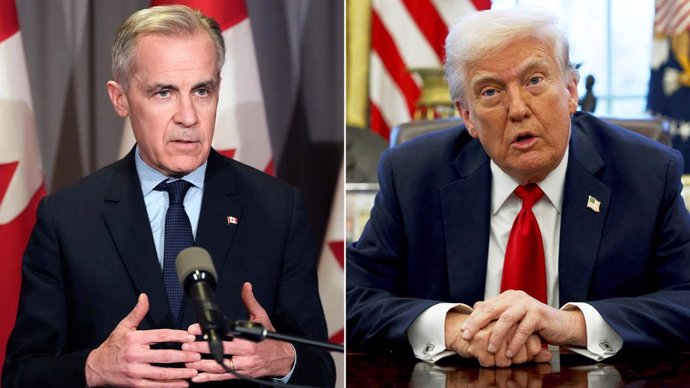 26 de março de 2025, On, CANADÁ: Esta imagem composta mostra o primeiro-ministro Mark Carney, à esquerda, em Kitchener, Ontário, em 26 de março de 2025, e o presidente Donald Trump, à direita, em Washington, em 26 de março de 2025.