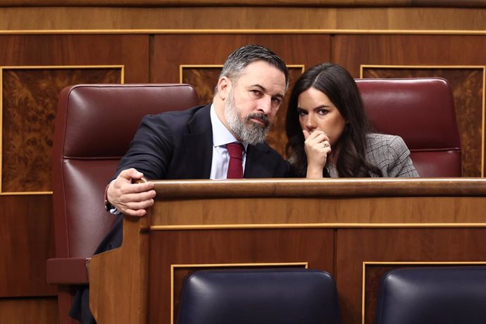 Archivo - El presidente de VOX, Santiago Abascal y la portavoz del partido, Pepa Millán, en el Congreso de los Diputados, a 20 de marzo de 2025, en Madrid (España). 
