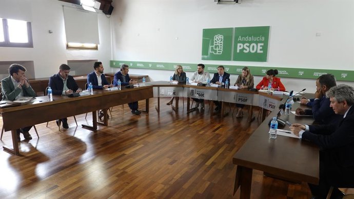 Reunión del ministro Luis Planas con responsables socialistas en materia agroalimentaria en la sede regional del PSOE-A en Sevilla.