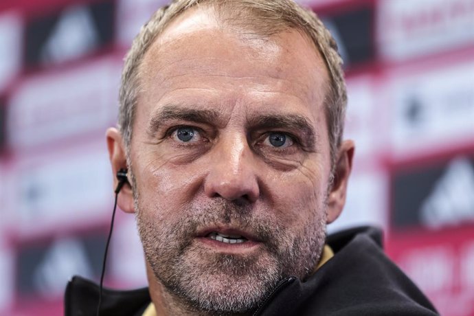 Hansi Flick, head coach of FC Barcelona attends his press conference during the training day of FC Barcelona ahead the Spanish Cup, Copa del Rey, football match against Atletico de Madrid at Ciudad Esportiva Joan Gamper on April 01, 2025 in Sant Joan Desp