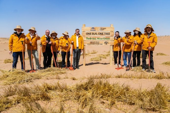 Yutong teams up with global customers, media representatives and volunteers to plant drought-resistant Haloxylon ammodendron trees in Minqin Desert, China