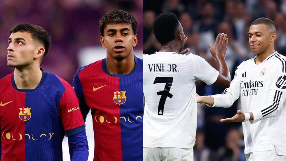 Los jugadores del FC Barcelona Pedri González y Lamine Yamal, y los del Real Madrid Vinícius Júnior y Kylian Mbappé.