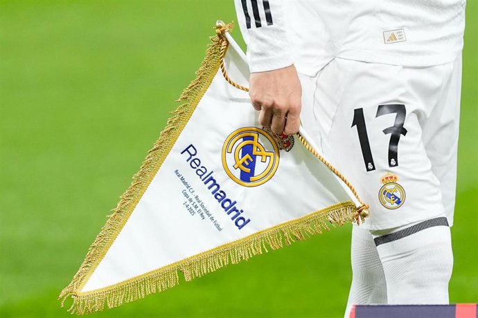 Detail of the badge of Real Madrid during the Spanish Cup, Copa del Rey, football match Semifinal Second Leg played between Real Madrid and Real Sociedad at Santiago Bernabeu stadium on April 01, 2025, in Madrid, Spain.