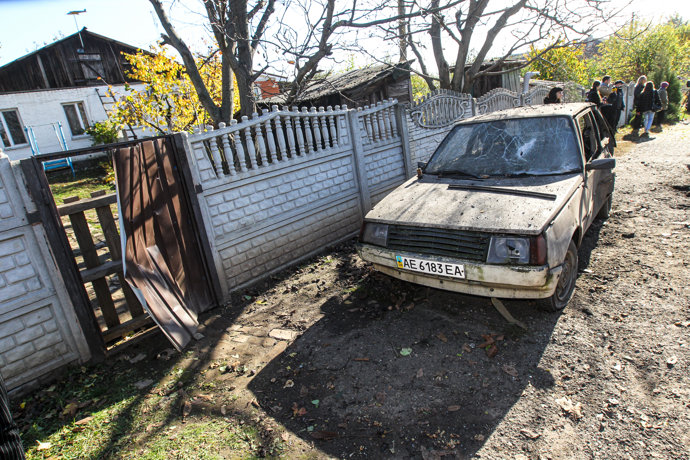 October 30, 2023, Dnipropetrovsk Region, Ukraine: DNIPROPETROVSK REGION, UKRAINE - OCTOBER 30, 2023 - A damaged car is seen after falling debris from downed Russian rockets landed in Dnipro district, Dnipropetrovsk Region, central Ukraine.
