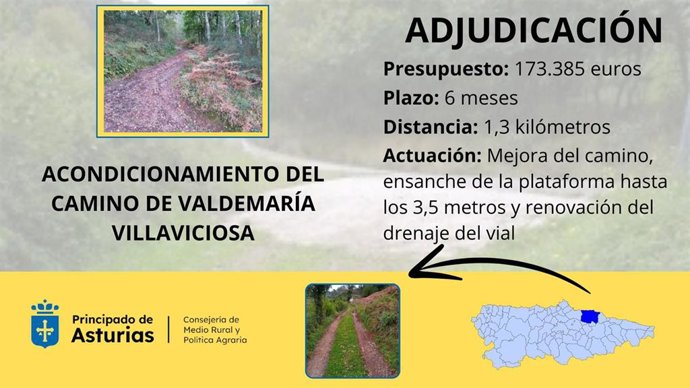 Medio Rural adjudica en 173.000 euros el acondicionamiento del camino de Valdemaría, en Villaviciosa