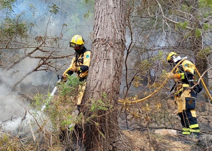 Bomberos del Ibanat durante el incendio forestal en s'Estret de Valldemossa