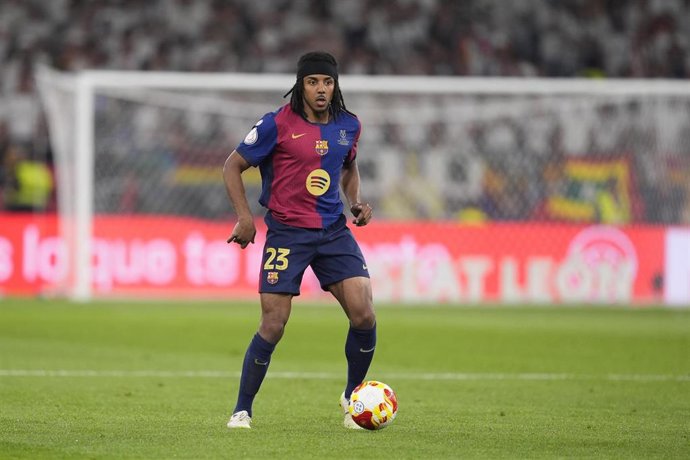 Jules Kounde of FC Barcelona in action during the Spanish Cup, Copa del Rey, Final football match played between FC Barcelona and Real Madrid at La Cartuja Stadium on April 26, 2025 in Sevilla, Spain.
