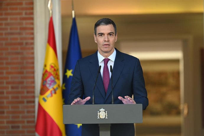 Archivo - Arquivo - O Presidente do Governo, Pedro Sánchez, aparece no Complexo Moncloa, em 29 de abril de 2024, em Madri (Espanha). Sánchez apareceu hoje para anunciar que permanece à frente do governo após cinco dias de reflexão após as eleições.