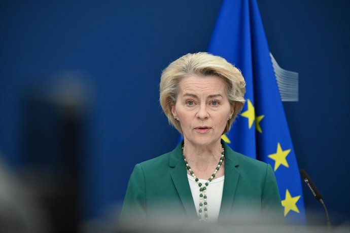07 April 2025, Belgium, Brussels: President of the European Commission Ursula von der Leyen speaks during a media conference at the European Commission headquarters in Brussels. Photo: Anna Ross/dpa
