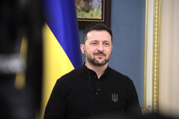 04 April 2025, Ukraine, Kiev: Ukrainian President Volodymyr Zelensky speaks during a press conference in Kiev. Photo: -/Ukrinform/dpa