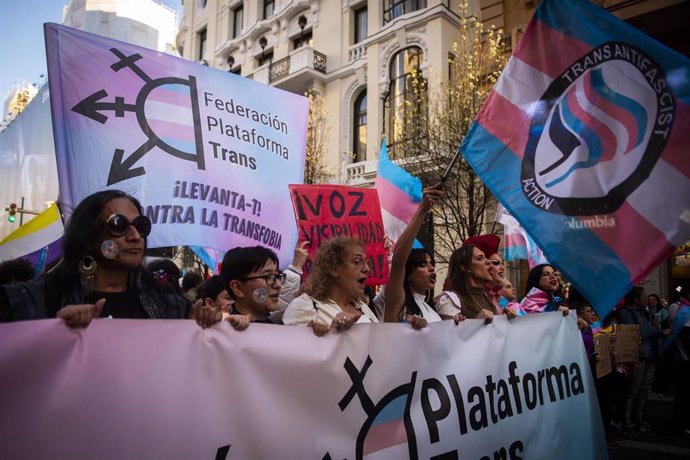 Decenas de personas durante una manifestación para denunciar los ataques a la comunidad trans a nivel internacional, desde la Plaza Pedro Zerolo hasta la Plaza de Callao, a 29 de marzo de 2025, en Madrid (España). 