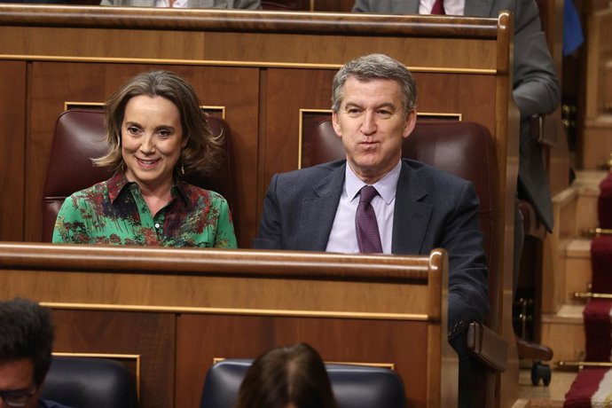 Archivo - Arquivo - O secretário-geral do PP, Cuca Gamarra, e o presidente do PP, Alberto Núñez Feijóo, durante uma sessão plenária no Congresso dos Deputados, em 19 de fevereiro de 2025, em Madri (Espanha). A primeira vice-presidente e ministra da Fazend