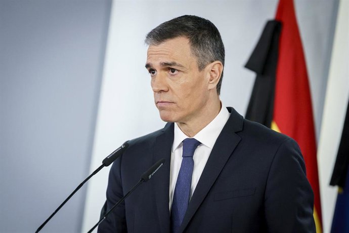 El presidente del Gobierno, Pedro Sánchez, en una comparecencia en el Palacio de la Moncloa