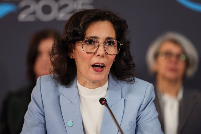 15 April 2025, United Kingdom, London: European Commissioner for Preparedness, Crisis Management and Equality, Hadja Lahbib at the London Sudan Conference at Lancaster House, central London. Photo: Isabel Infantes/PA Wire/dpa